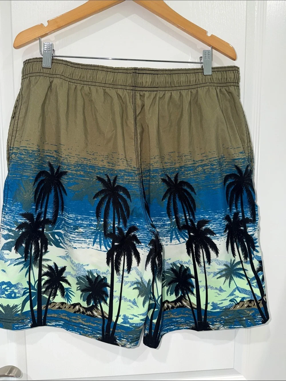 Panama Jack Men's Olive and Blue Palm-Print Swim Trunks size XLarge lined